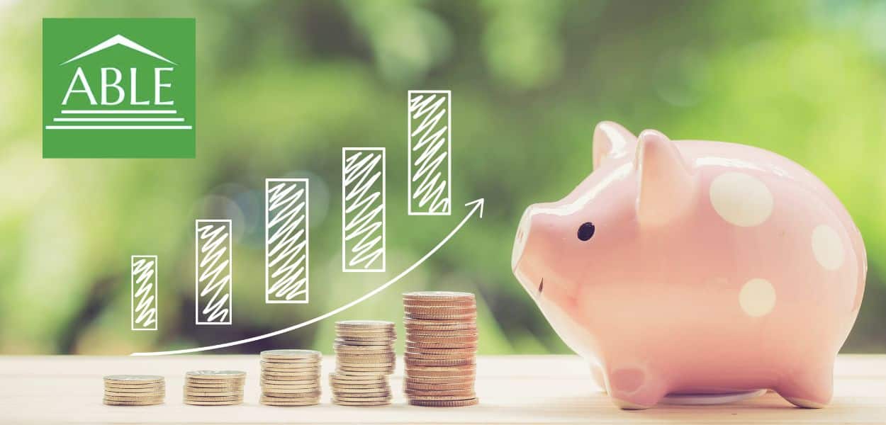 An image of a pink ceramic piggy bank next to columns of coins with a hand drawn chart showing growth.